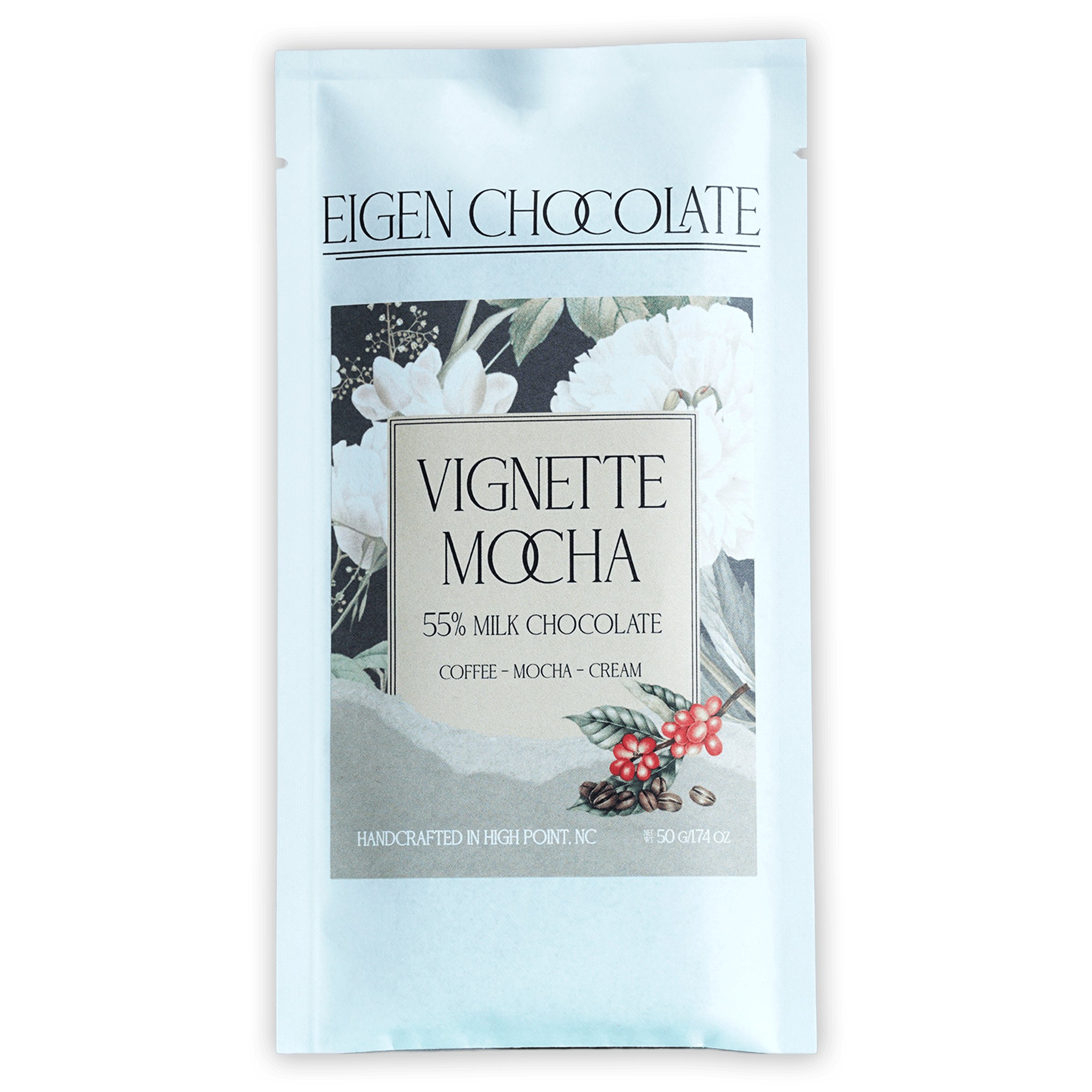 Eigen Milk Chocolate Vignette Mocha 55% bar in white foil wrapper