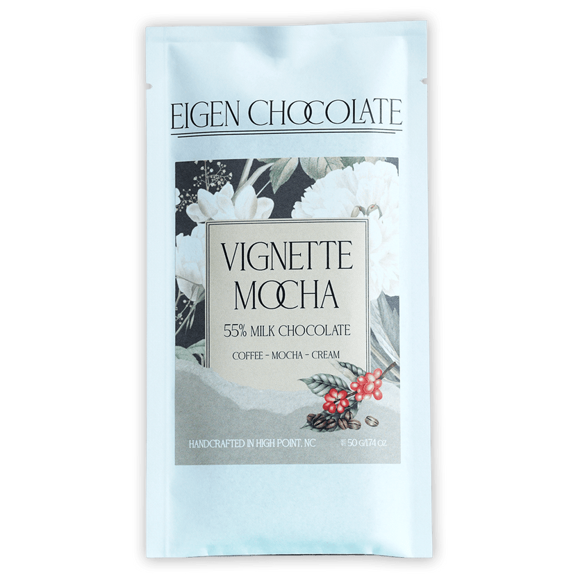 Eigen Milk Chocolate Vignette Mocha 55% bar in white foil wrapper