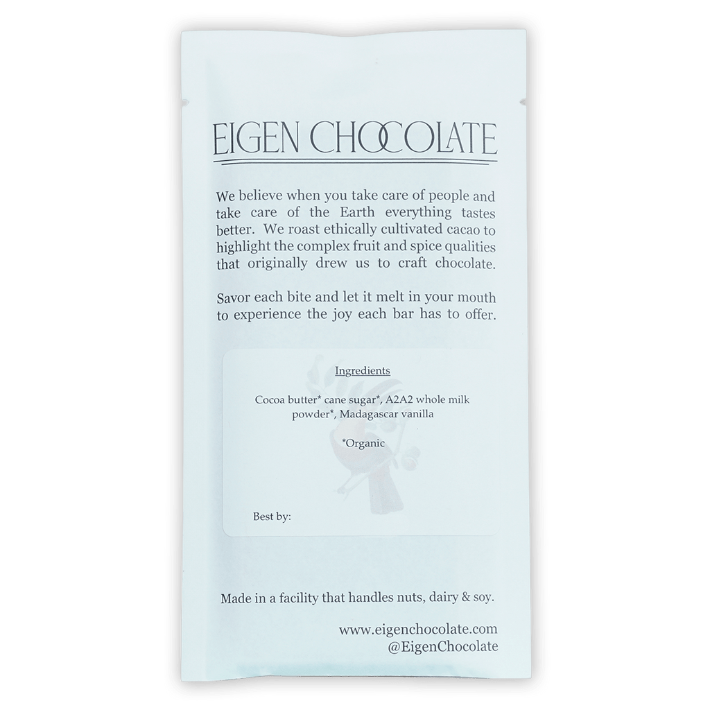 Eigen White Chocolate Dulce De Leche 38% bar in sleek white foil wrapper