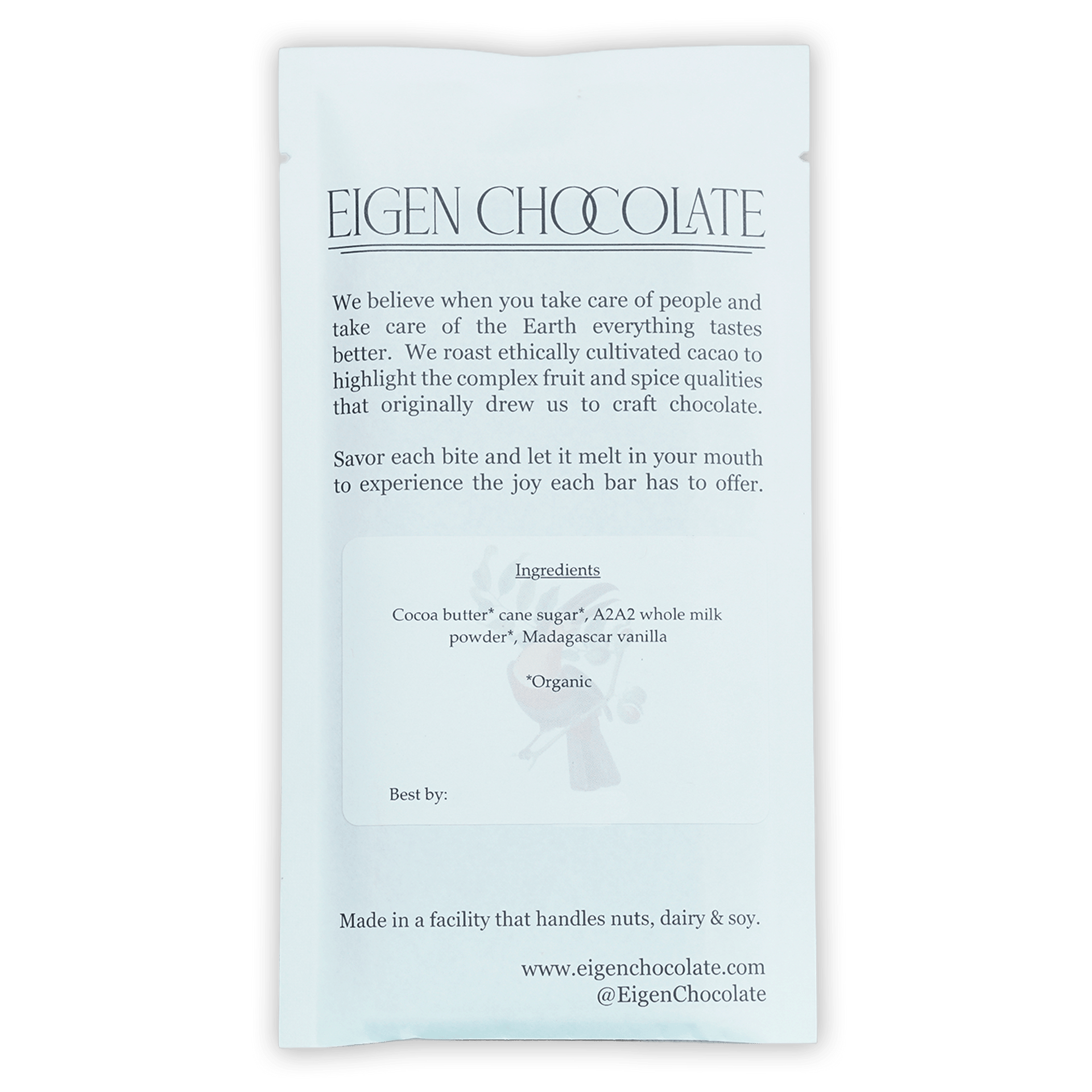 Eigen White Chocolate Dulce De Leche 38% bar in sleek white foil wrapper