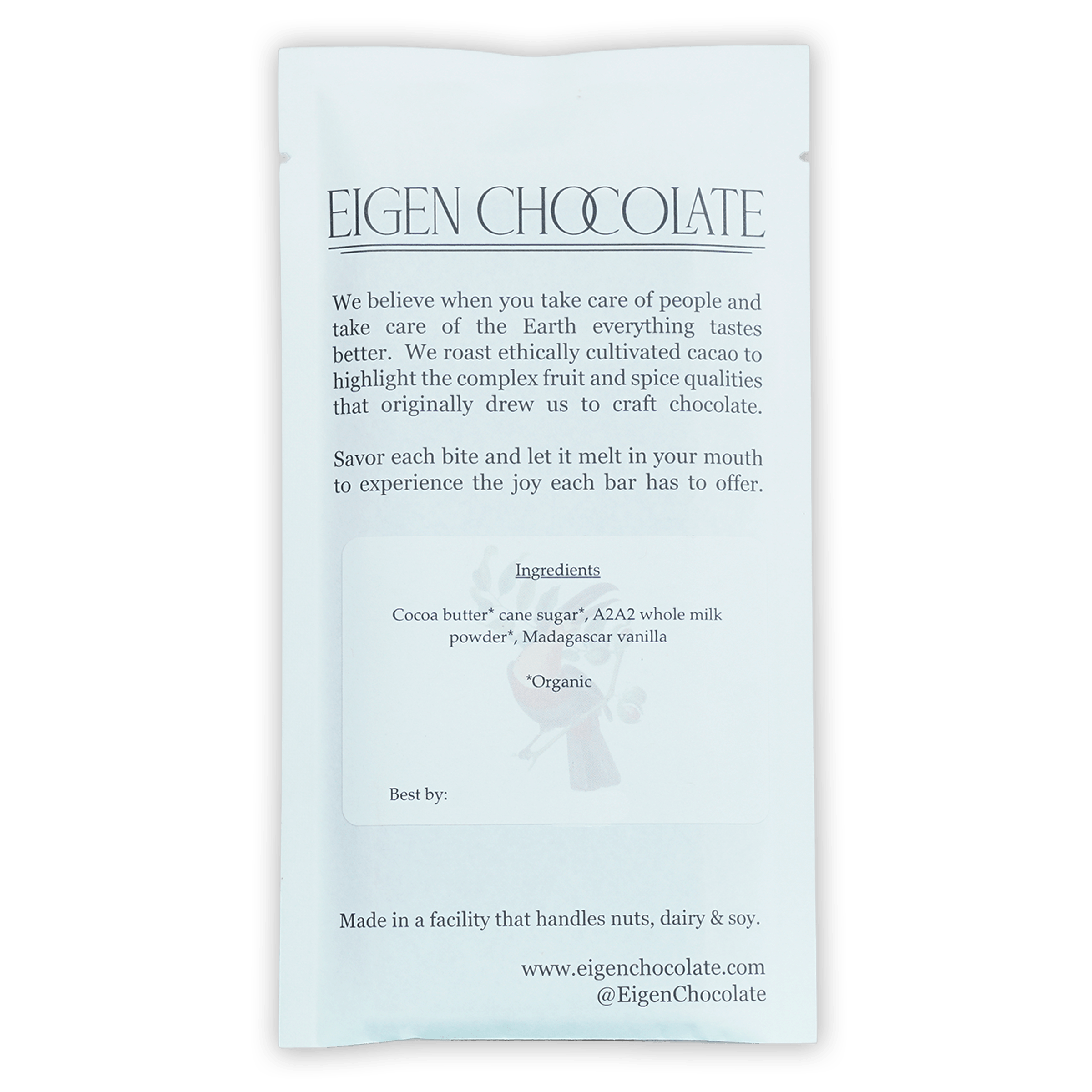 Eigen White Chocolate Dulce De Leche 38% bar in sleek white foil wrapper