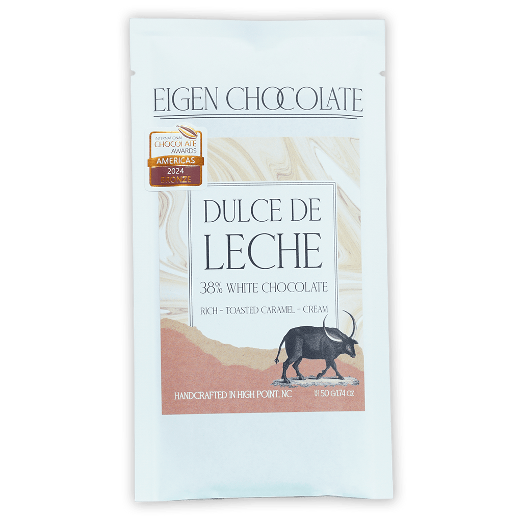 Eigen White Chocolate Dulce de Leche 38% bar, toasted caramel flavor, handcrafted in NC