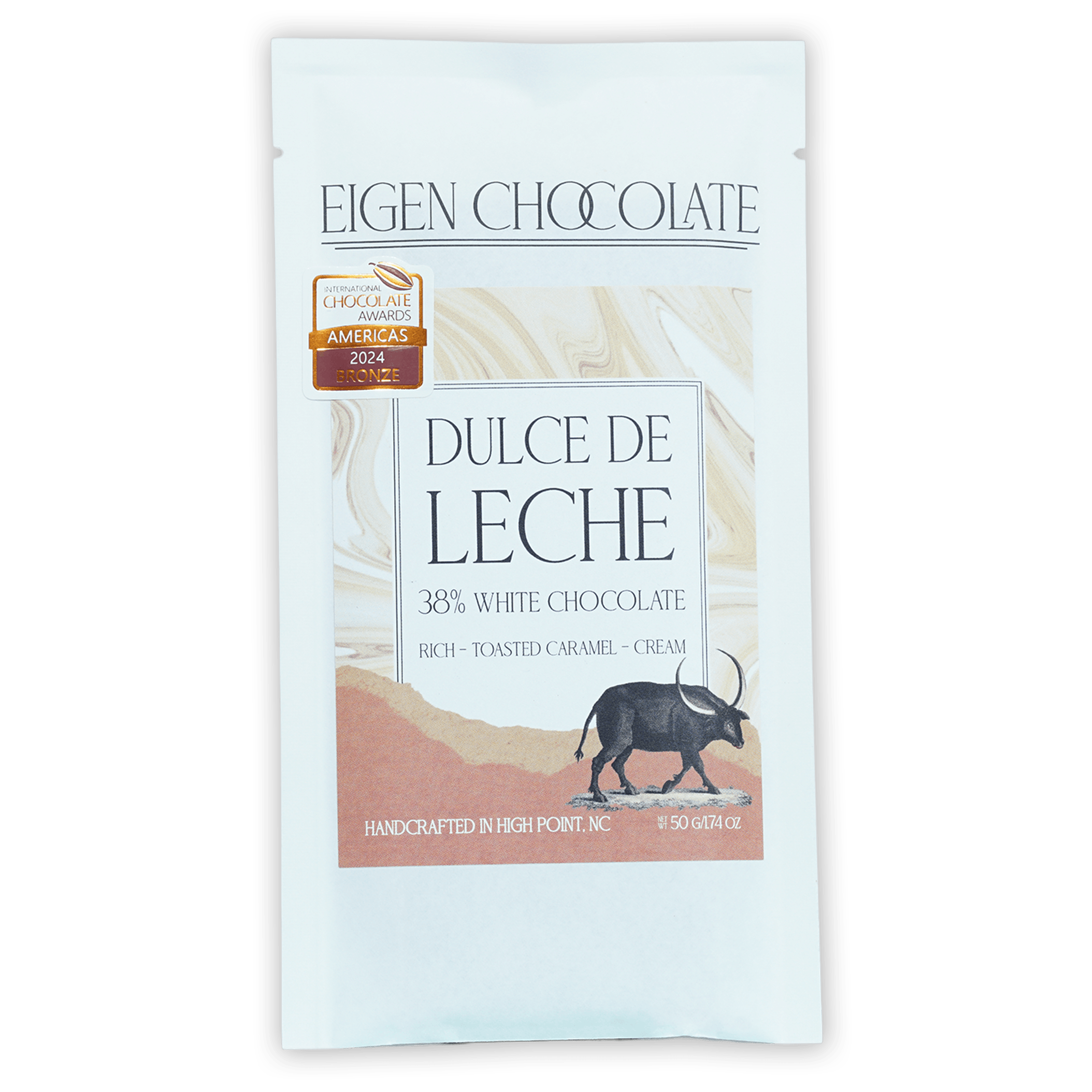 Eigen White Chocolate Dulce de Leche 38% bar, toasted caramel flavor, handcrafted in NC