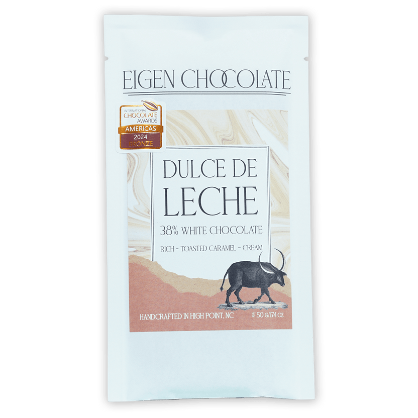 Eigen White Chocolate Dulce de Leche 38% bar, toasted caramel flavor, handcrafted in NC