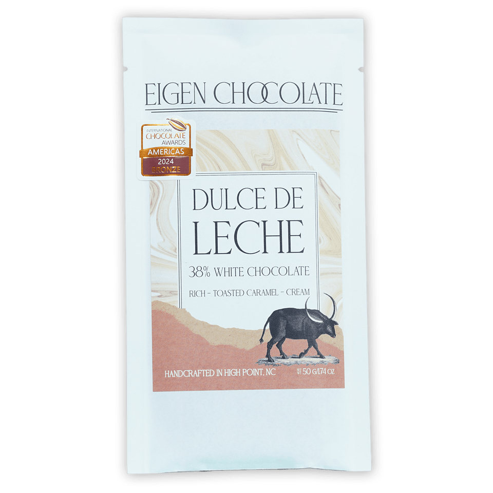 Eigen White Chocolate Dulce de Leche 38% bar, toasted caramel flavor, handcrafted in NC