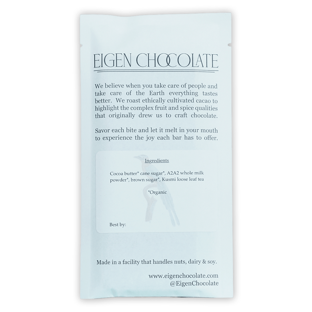 Eigen White Chocolate w/ Kusmi Tea 38% bar in light blue matte foil wrapper