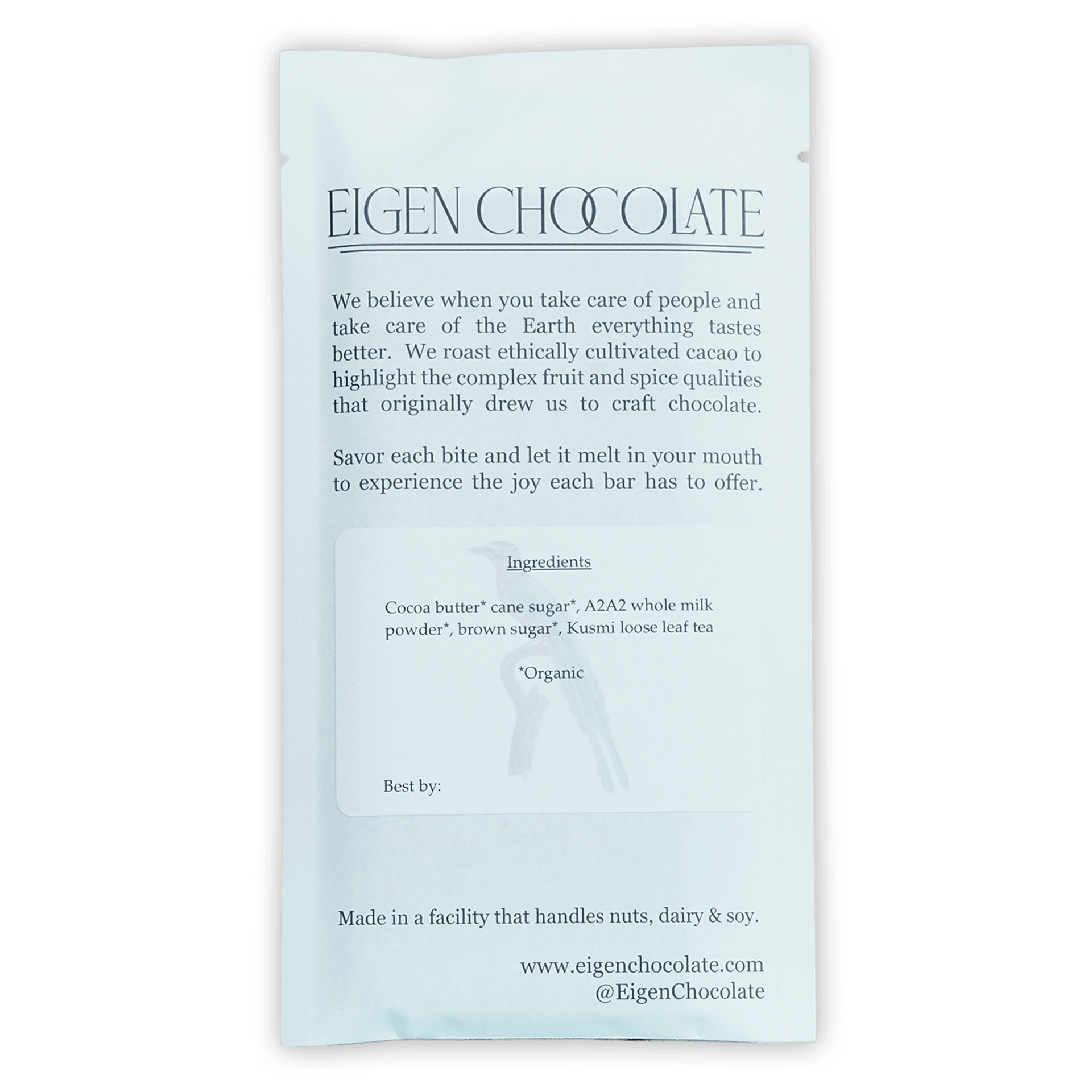 Eigen White Chocolate w/ Kusmi Tea 38% bar in light blue matte foil wrapper