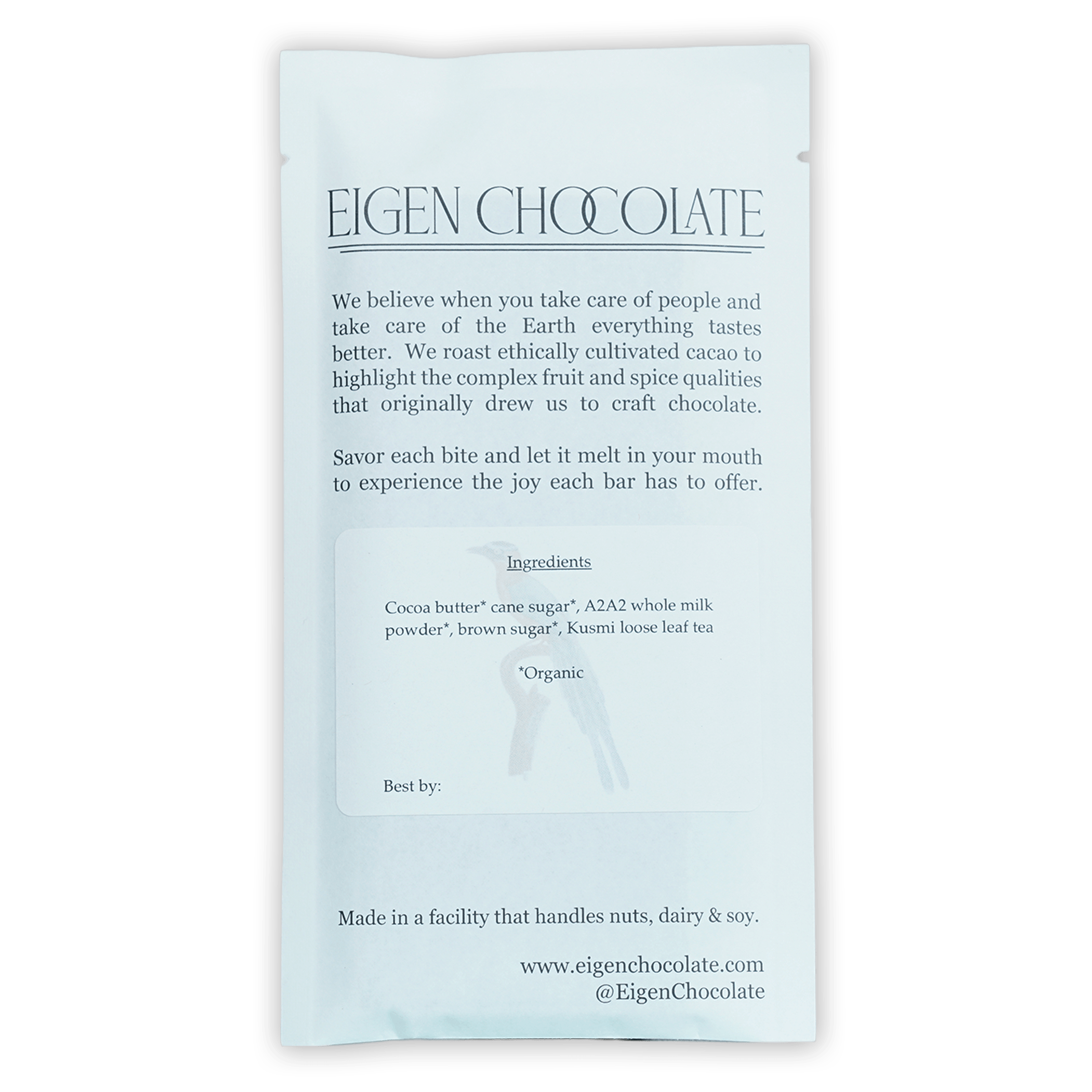 Eigen White Chocolate w/ Kusmi Tea 38% bar in light blue matte foil wrapper