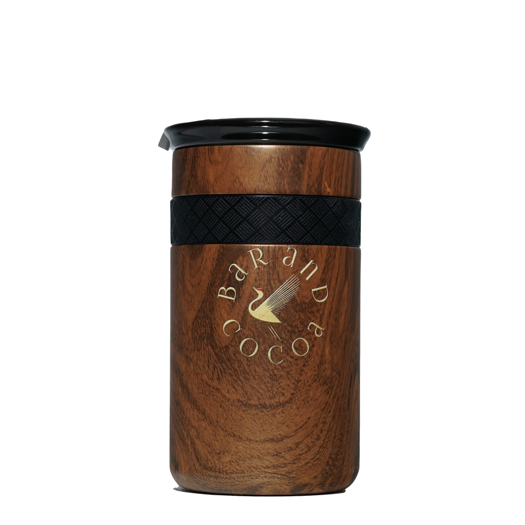 Bar & Cocoa Artisan Mug 12 oz with wooden texture, black lid, woven strap, gold logo