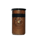 Bar & Cocoa Artisan Mug 12 oz with wooden texture, black lid, woven strap, gold logo