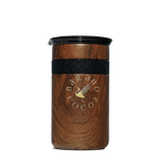 Bar & Cocoa Artisan Mug 12 oz with wooden texture, black lid, woven strap, gold logo