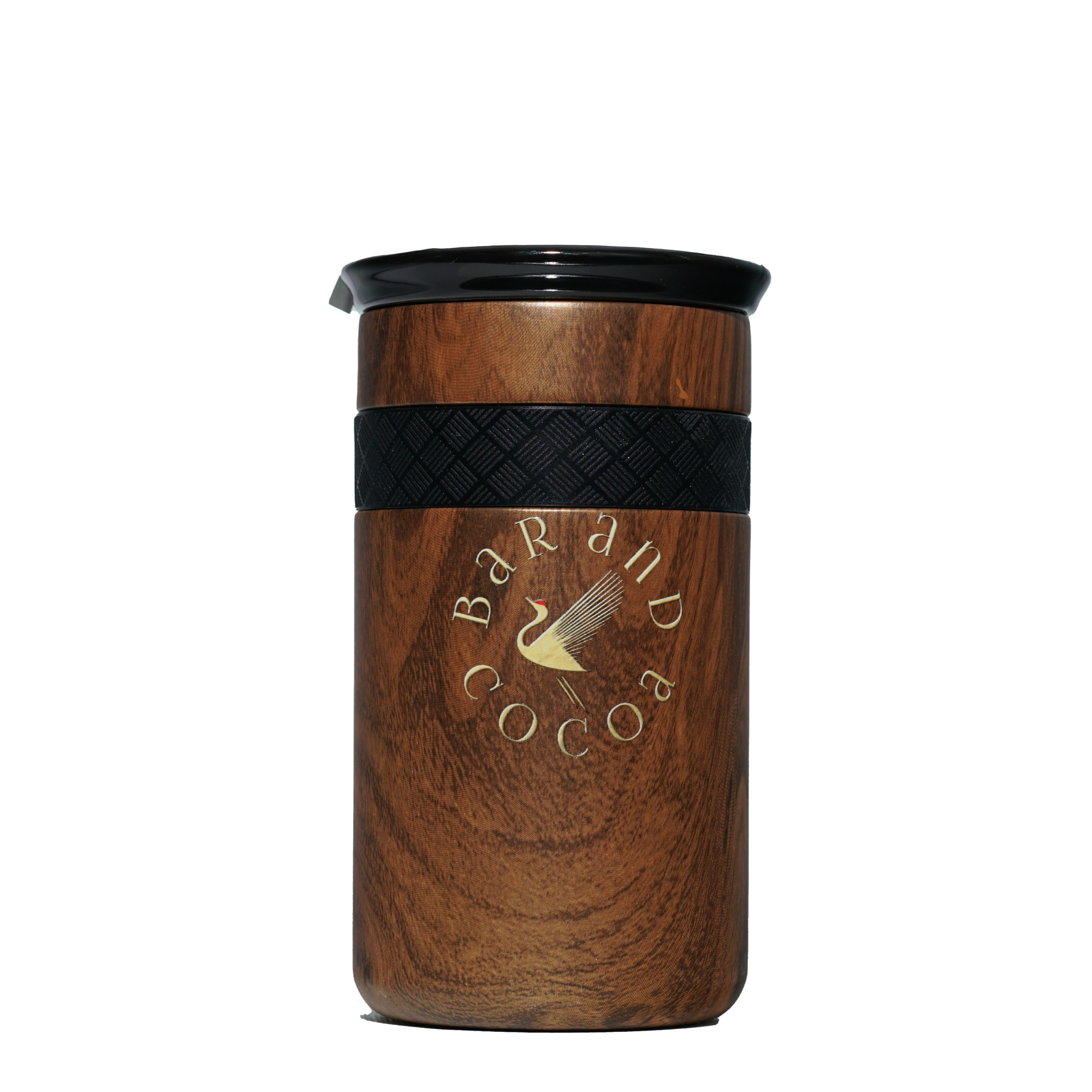 Bar & Cocoa Artisan Mug 12 oz with wooden texture, black lid, woven strap, gold logo
