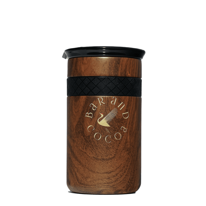 Bar & Cocoa Artisan Mug 12 oz with wooden texture, black lid, woven strap, gold logo