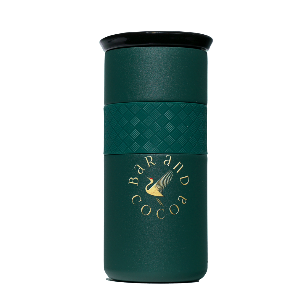 Bar & Cocoa 16 oz artisan mug: dark green insulated with black lid, gold swan logo