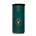 Bar & Cocoa 16 oz artisan mug: dark green insulated with black lid, gold swan logo