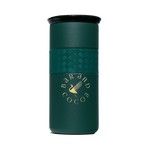 Bar & Cocoa 16 oz artisan mug: dark green insulated with black lid, gold swan logo