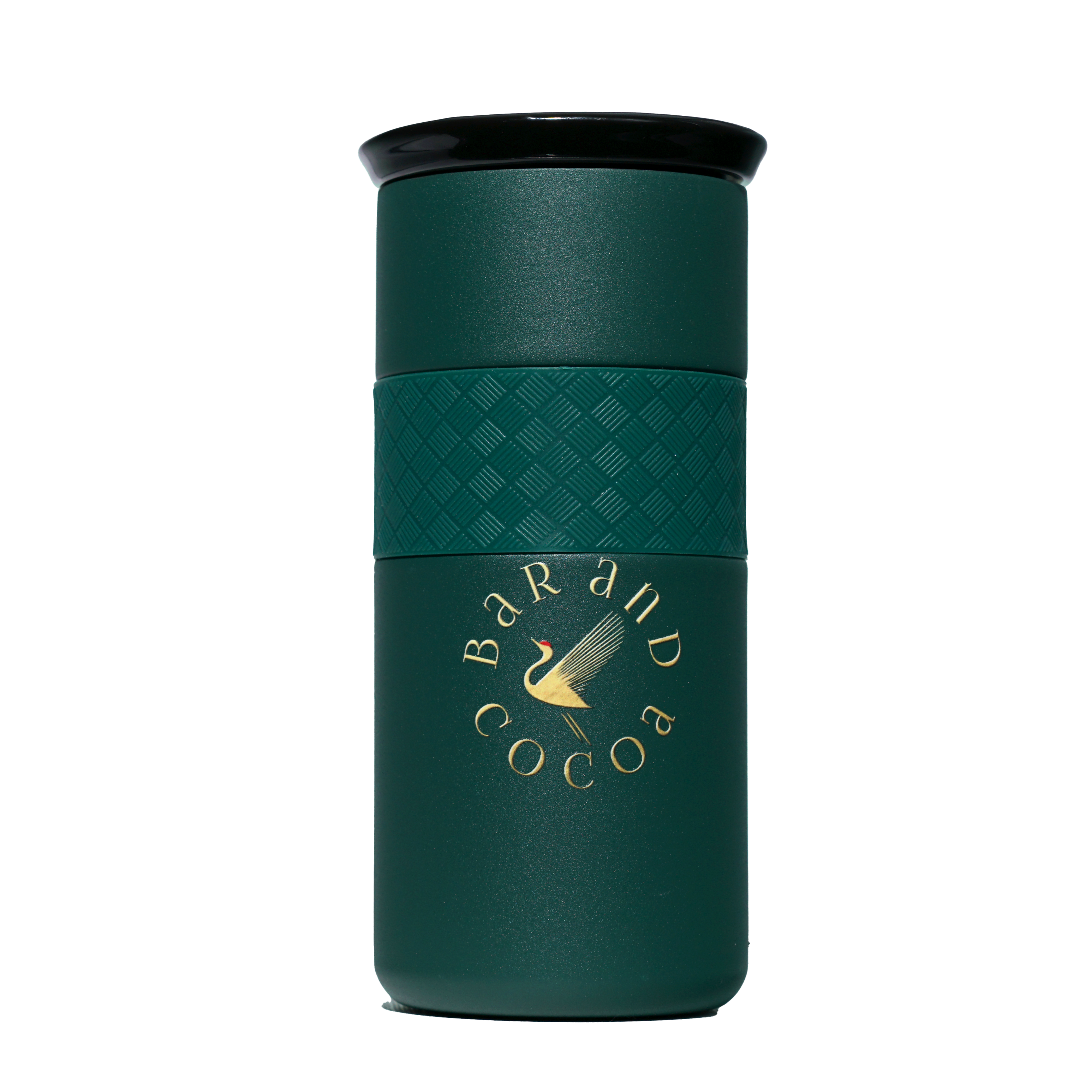 Bar & Cocoa 16 oz artisan mug: dark green insulated with black lid, gold swan logo