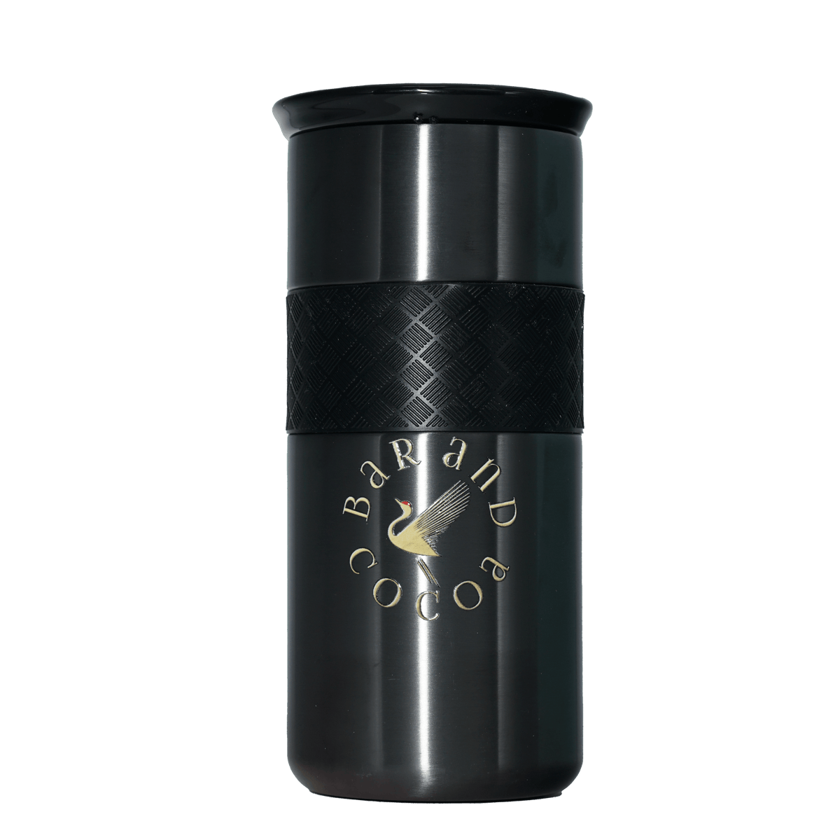 Bar & Cocoa 16 oz black insulated travel mug with gold crane logo
