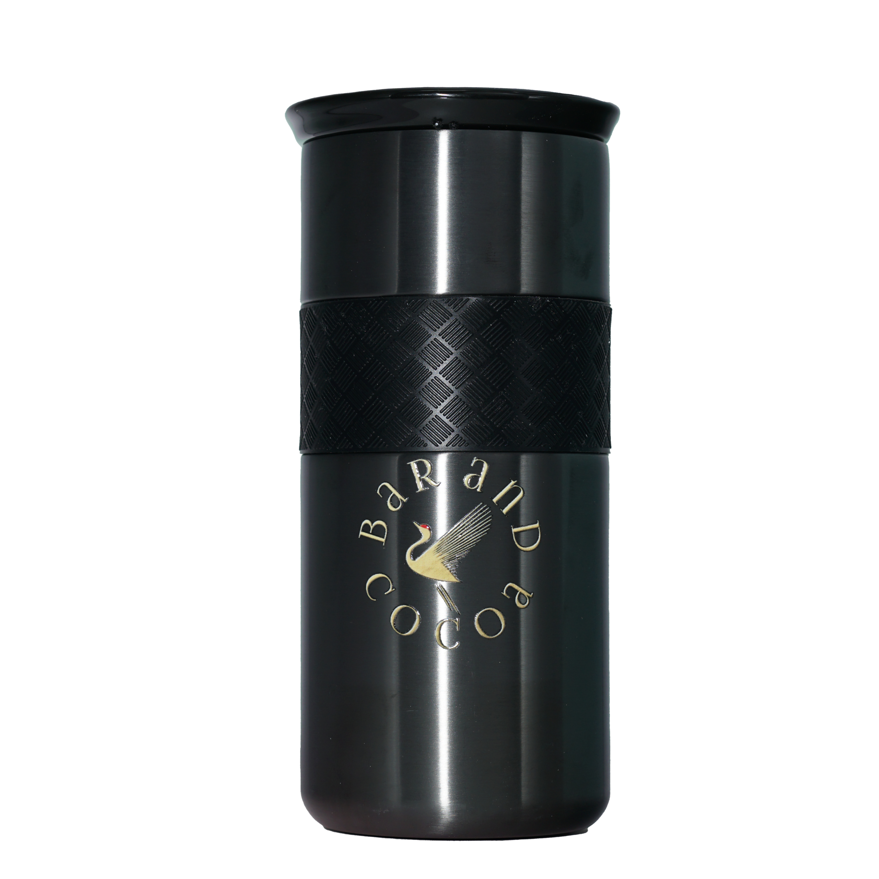Bar & Cocoa 16 oz black insulated travel mug with gold crane logo
