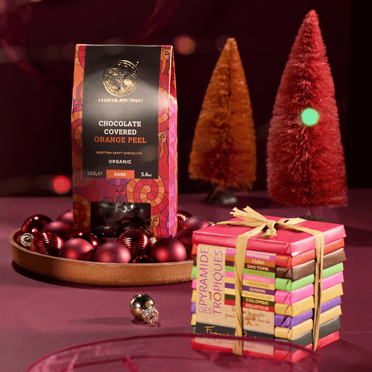 Chocolate Tree orange peel and Pralus Pyramide chocolates in a holiday setting