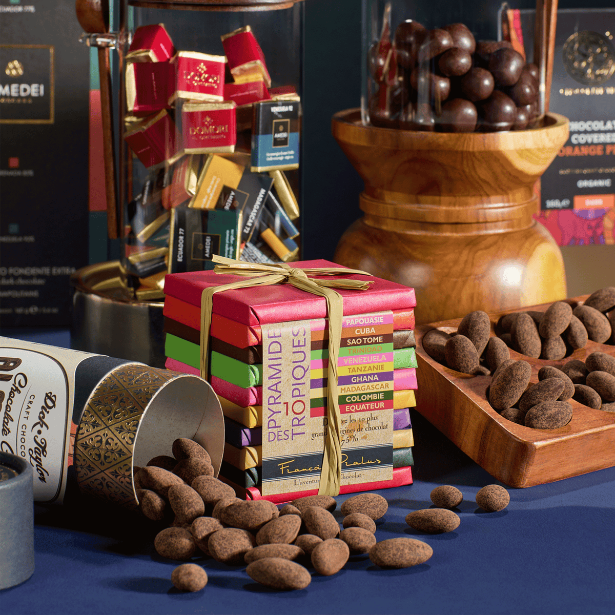 Executive Desk chocolates with Pralus Pyramide, gianduja and chocolate-coated almonds spilling from a tube