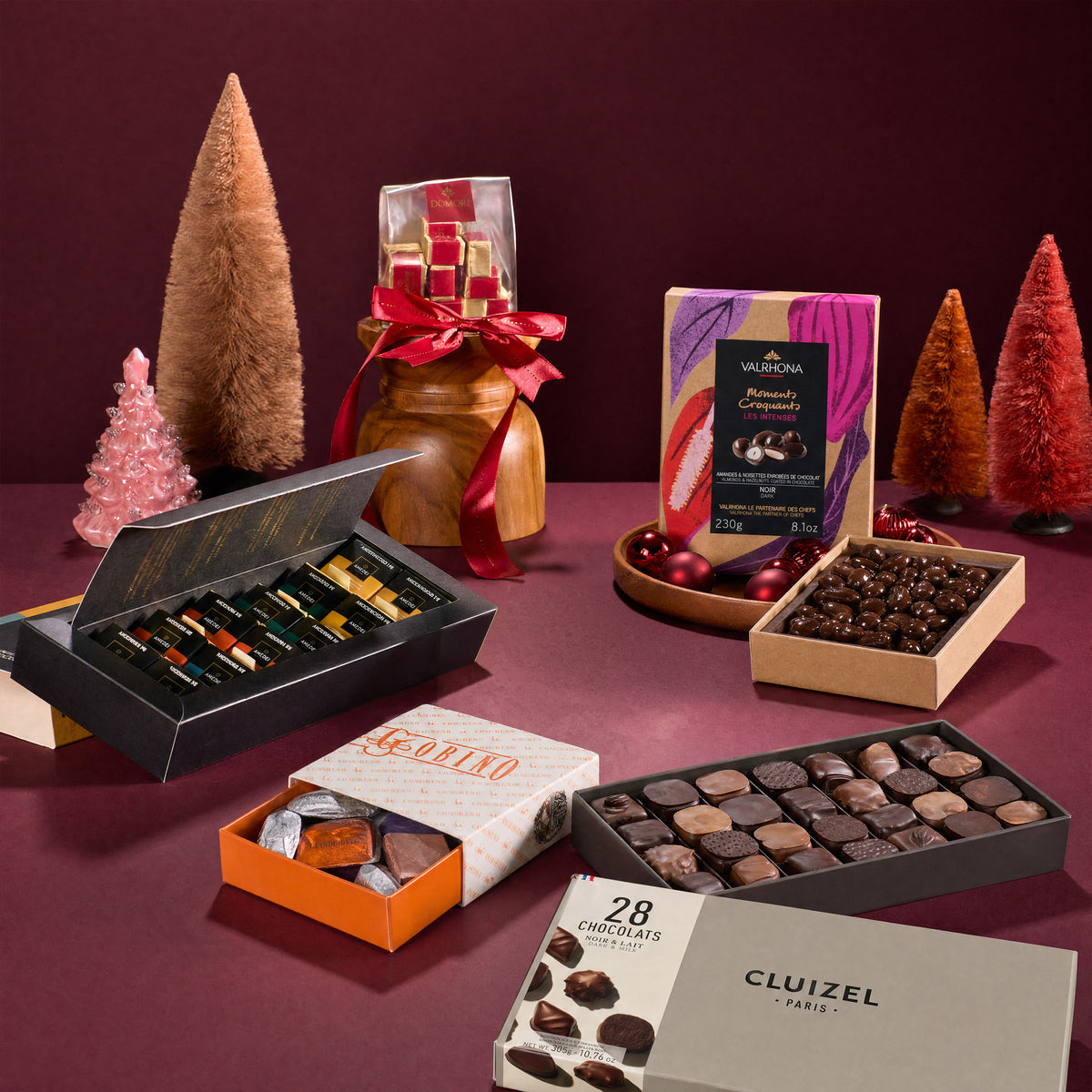 Executive Desk chocolate gift bundle, gift boxes with holiday trees.