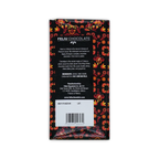 Back of a Feliu chocolate bar wrapper. Black with red and orange butterfly pattern, printed text, and a barcode.