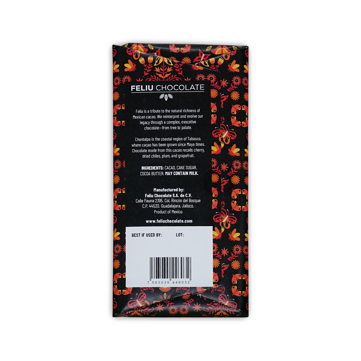 Back of a Feliu chocolate bar wrapper. Black with red and orange butterfly pattern, printed text, and a barcode.