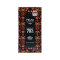 A Feliu Chocolate 70% Cacao bar in a black box with red and orange butterfly and floral patterns along the sides.