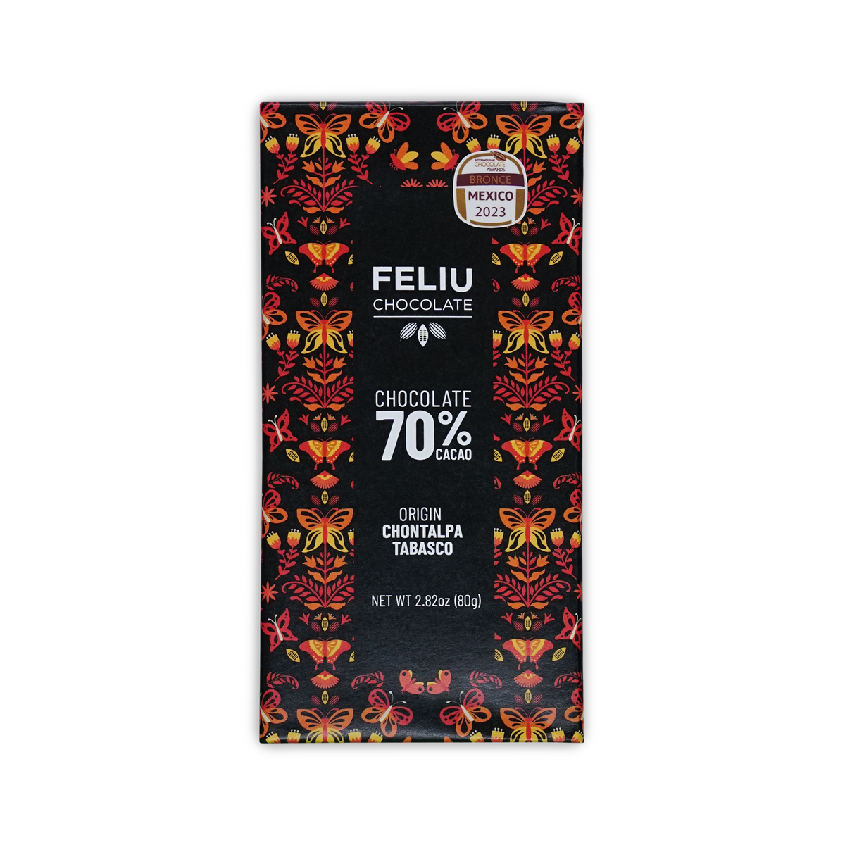 A Feliu Chocolate 70% Cacao bar in a black box with red and orange butterfly and floral patterns along the sides.