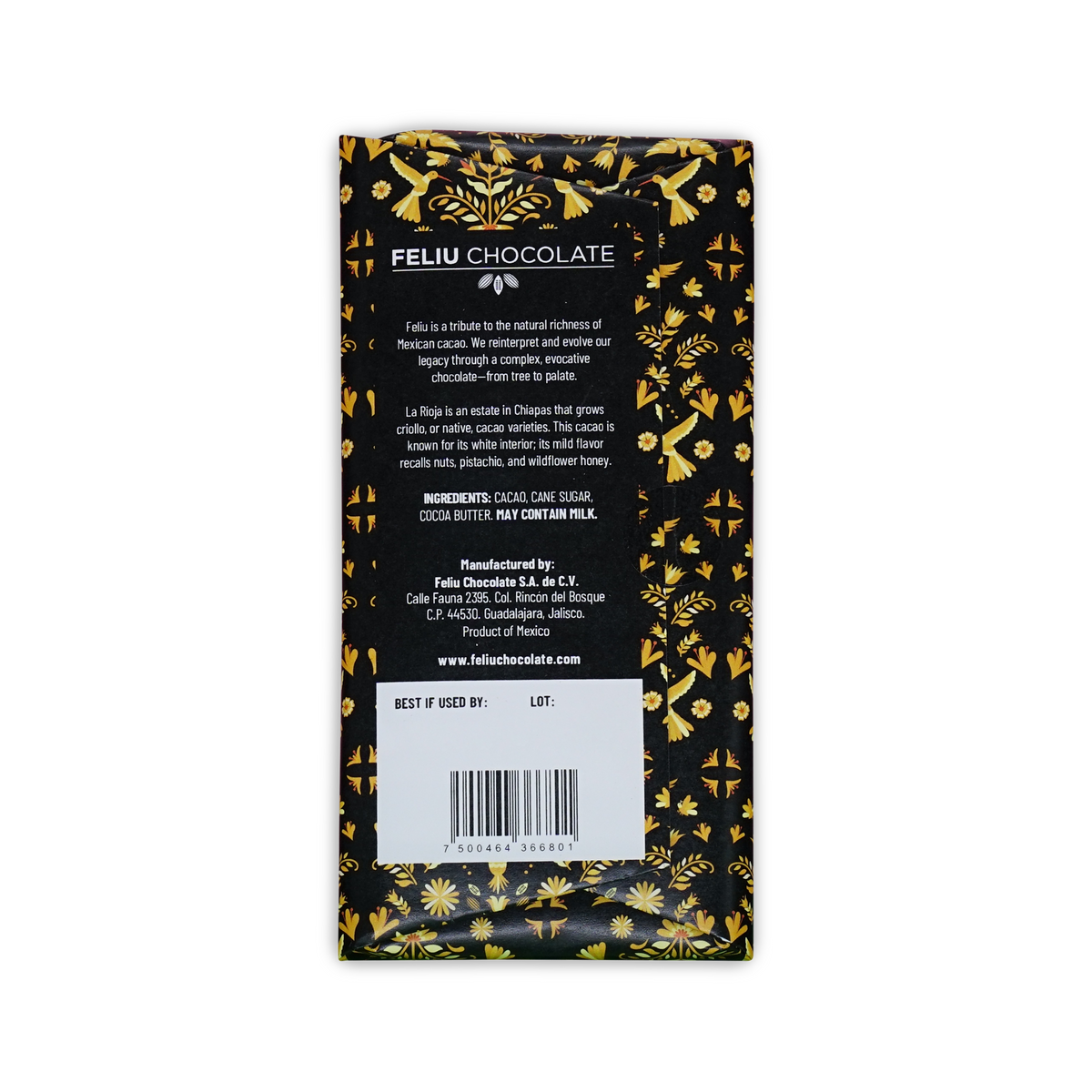 The back of a Feliu Chocolate wrapper, black with a yellow bird and floral pattern, showing ingredients and a barcode.