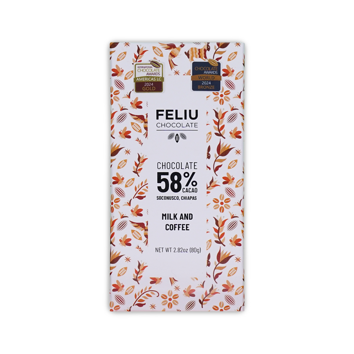 Feliu Chocolate 58% Milk and Coffee bar in a white box with an orange and brown botanical pattern on a black background.