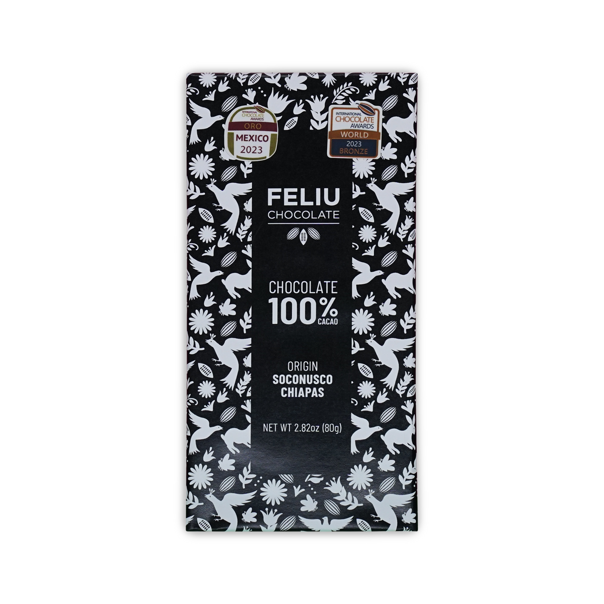 Feliu Chocolate 100% Cacao bar in a black wrapper with white bird and floral patterns, reading Origin Soconusco Chiapas.