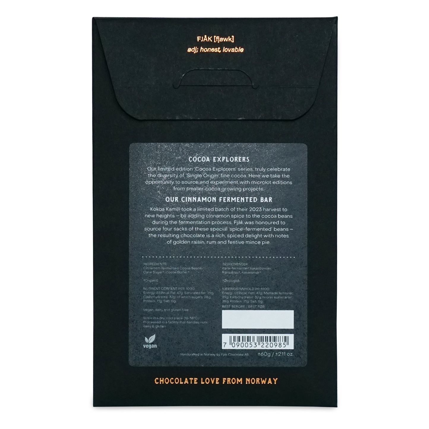Black matte-finish chocolate bar packaging with gold foil lettering minimalist design for fjak cinnamon fermentd tanzania microlot 70%