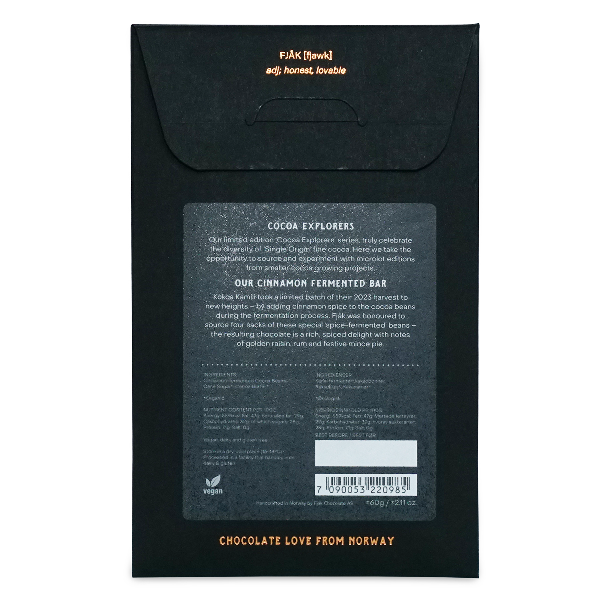 Black matte-finish chocolate bar packaging with gold foil lettering minimalist design for fjak cinnamon fermentd tanzania microlot 70%
