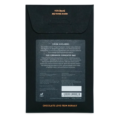 Black matte-finish chocolate bar packaging with gold foil lettering minimalist design for fjak cinnamon fermentd tanzania microlot 70%