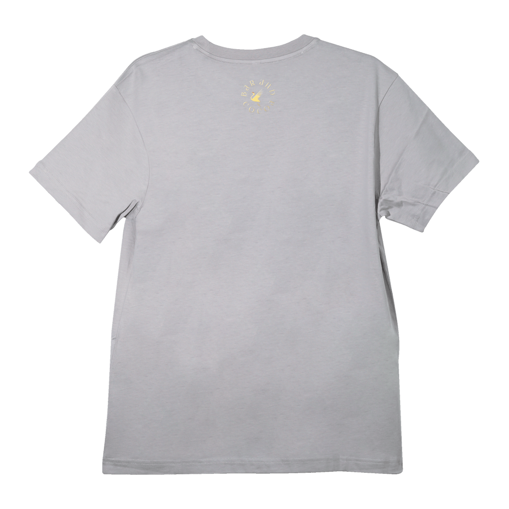 Minimalist white Find Your Inner Piece Tee with subtle gold circular logo