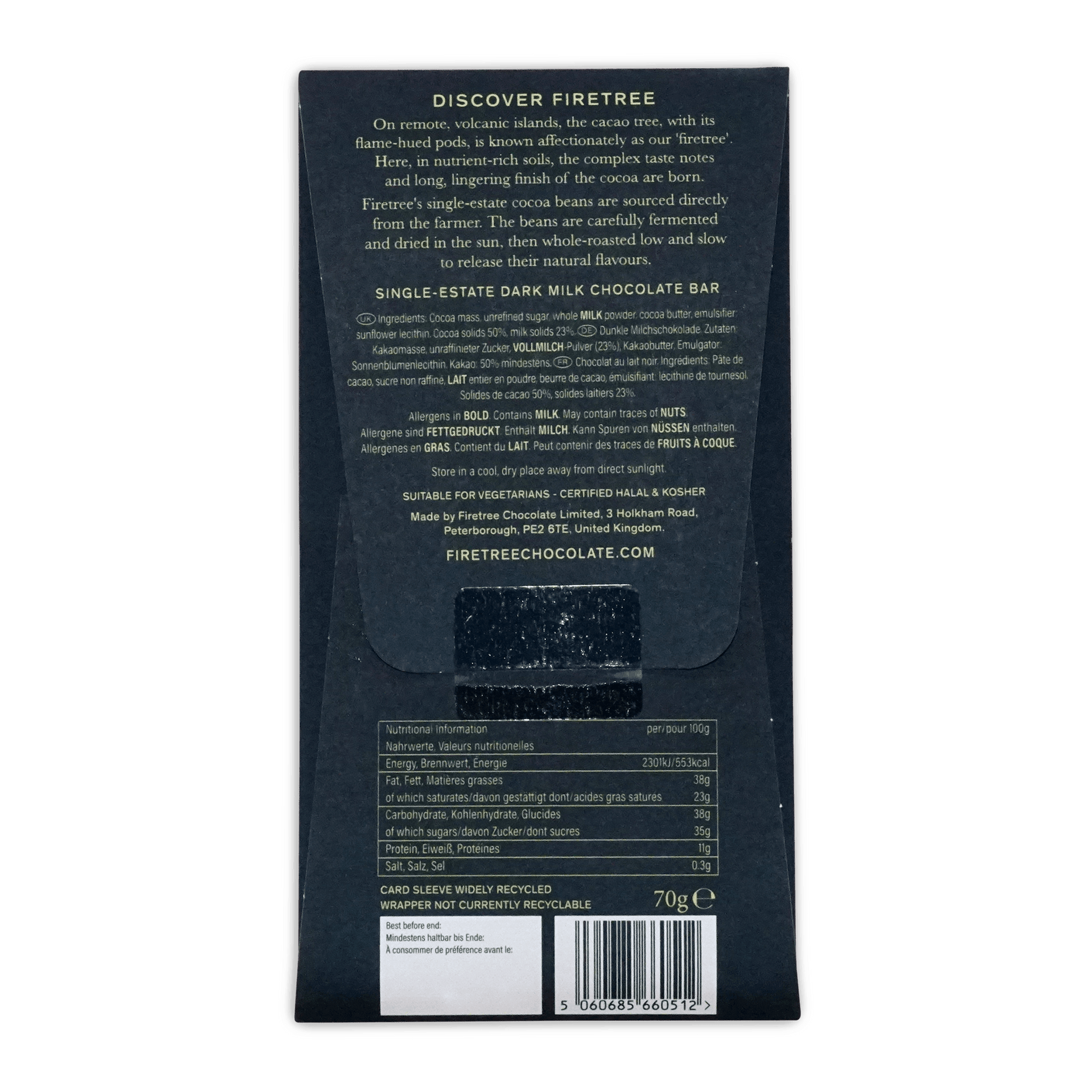 Dark milk chocolate bar firetree philippines mindanao milk 50 percent in sleek black wrapper showing nutritional information