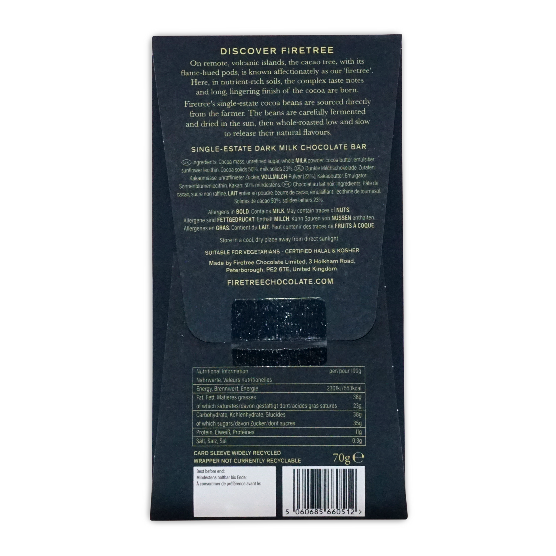 Dark milk chocolate bar firetree philippines mindanao milk 50 percent in sleek black wrapper showing nutritional information