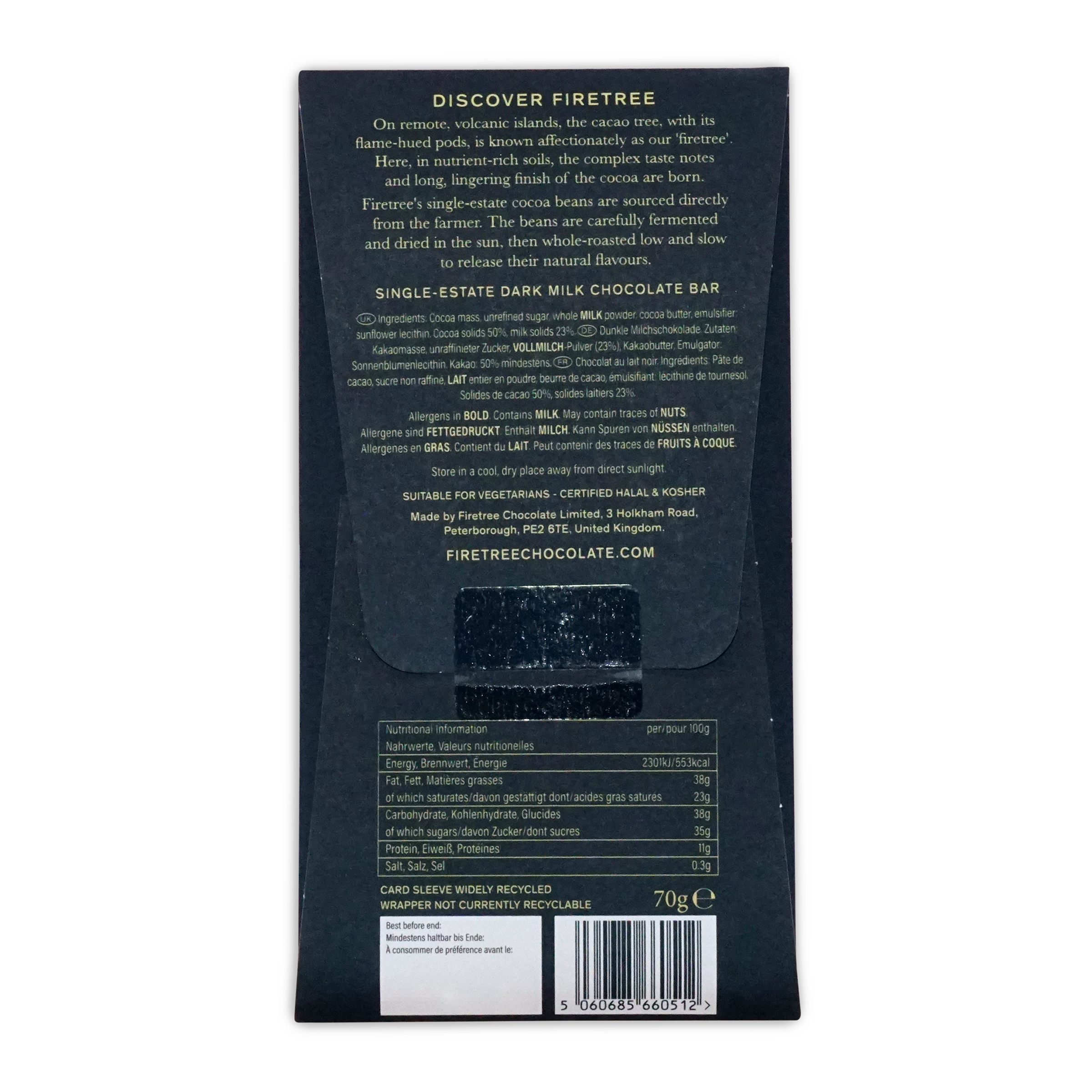 Dark milk chocolate bar firetree philippines mindanao milk 50 percent in sleek black wrapper showing nutritional information