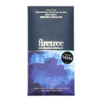 A sleek dark milk chocolate bar from Firetree with a blue and purple marbled wrapper and white text