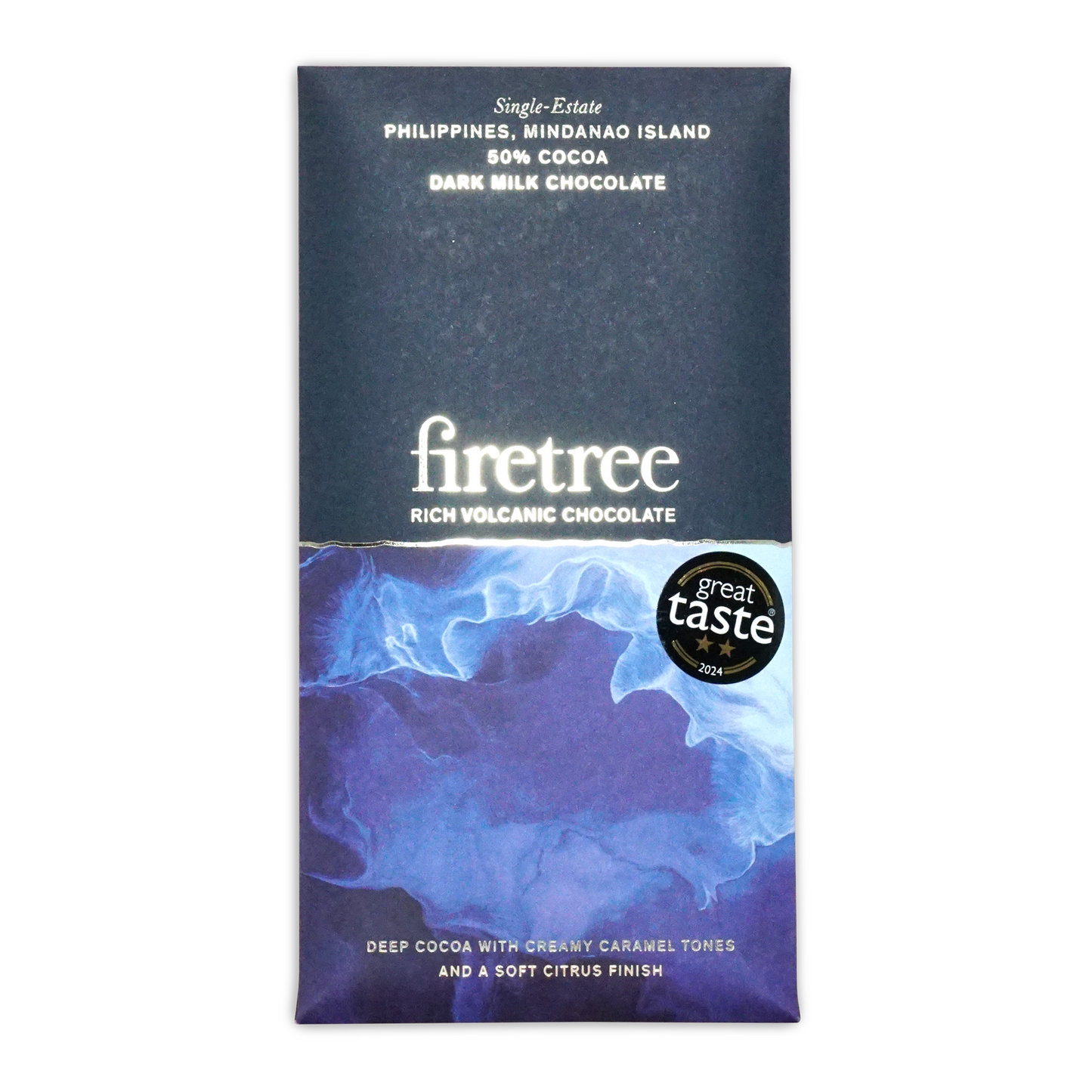 A sleek dark milk chocolate bar from Firetree with a blue and purple marbled wrapper and white text