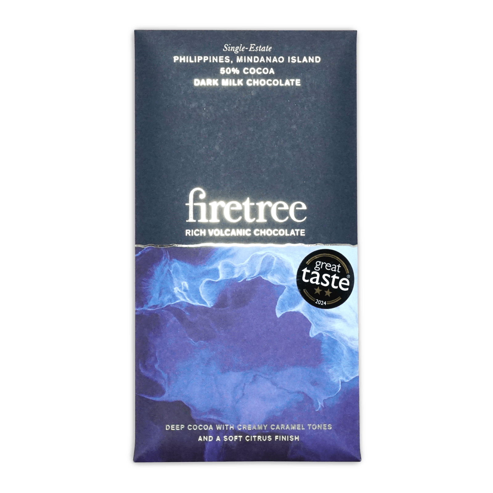 A sleek dark milk chocolate bar from Firetree with a blue and purple marbled wrapper and white text