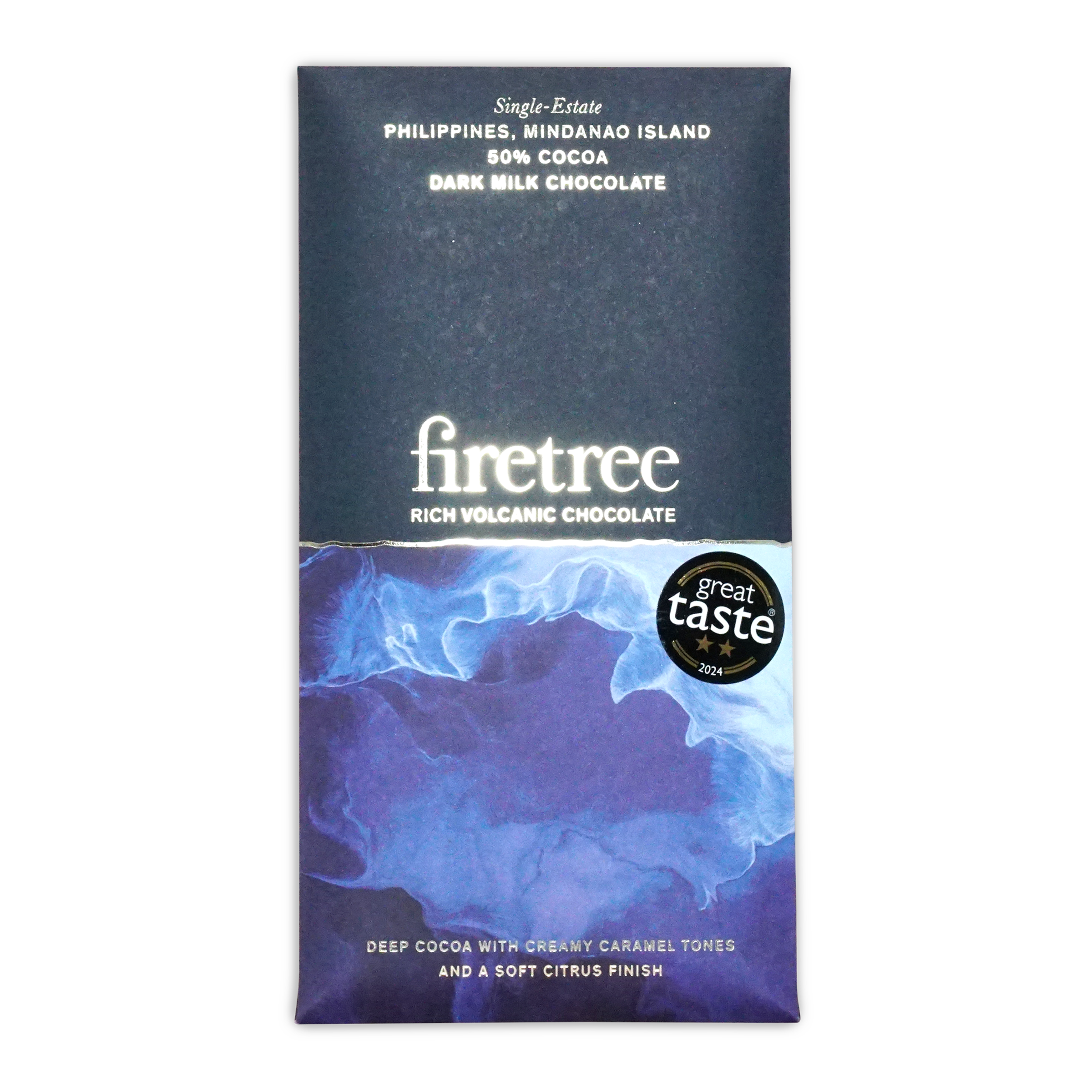 A sleek dark milk chocolate bar from Firetree with a blue and purple marbled wrapper and white text