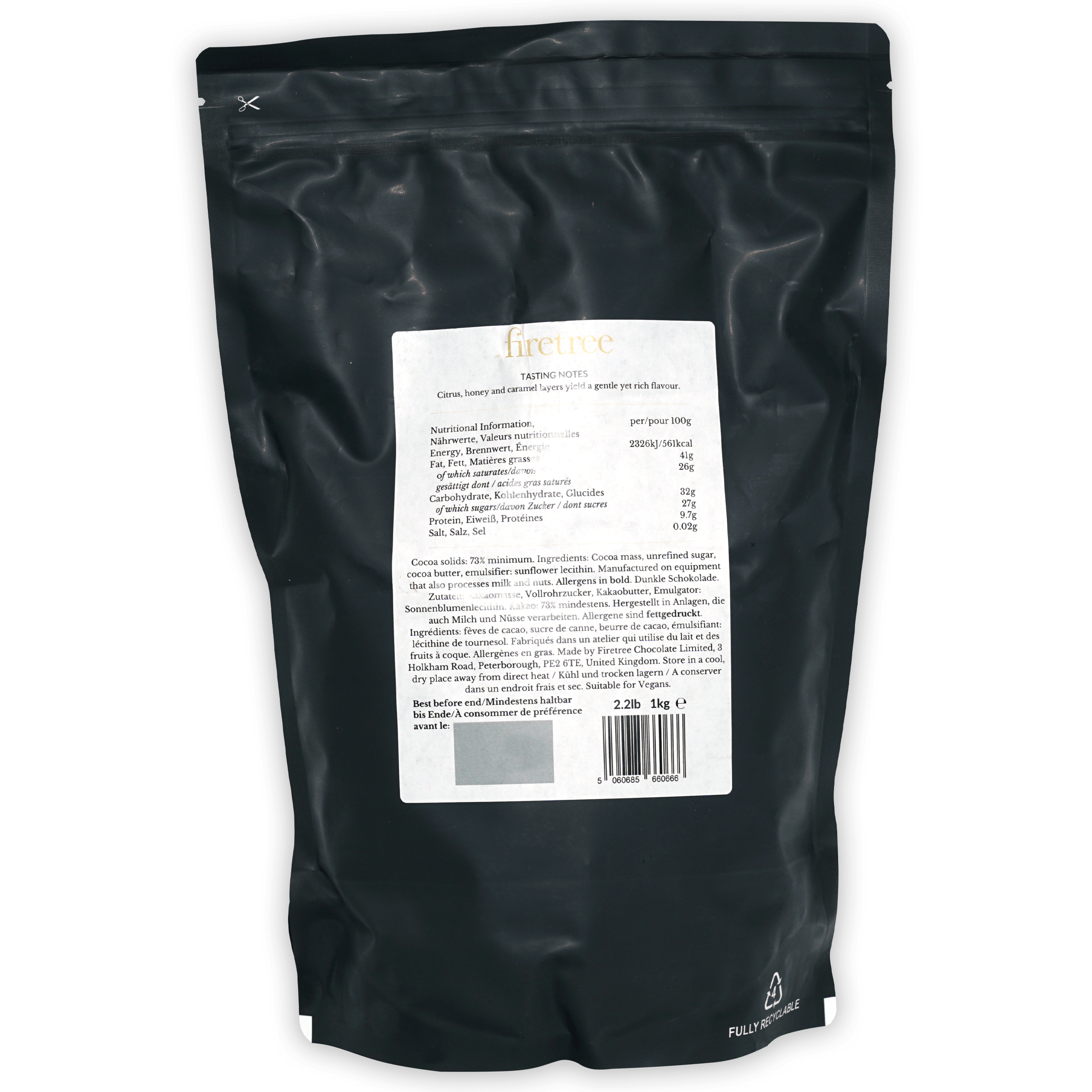 Back of Firetree Bulk Create Philippines 73% 1kg matte black resealable dark chocolate pouch