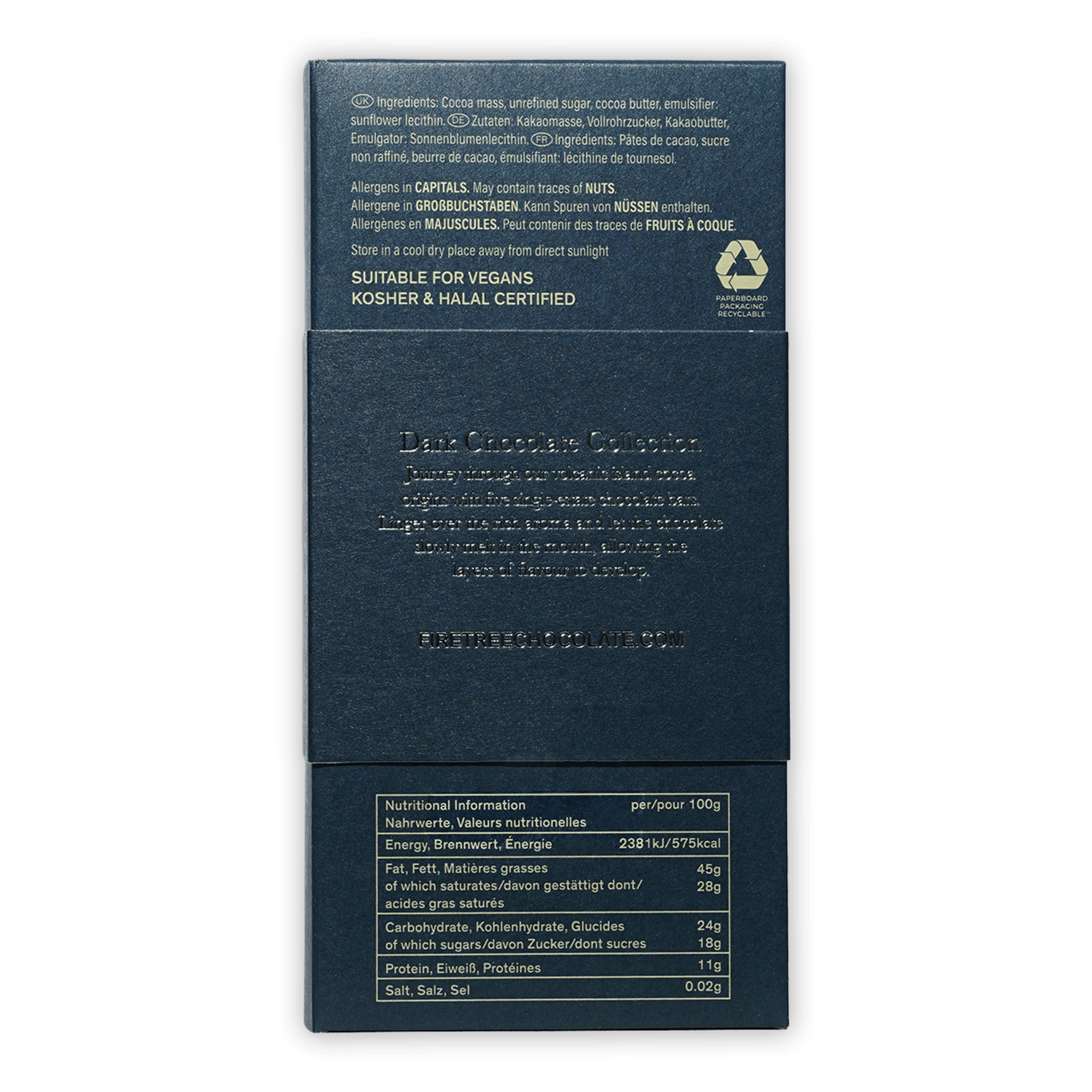 Firetree Dark Chocolate back wrapper, matte blue with embossed text