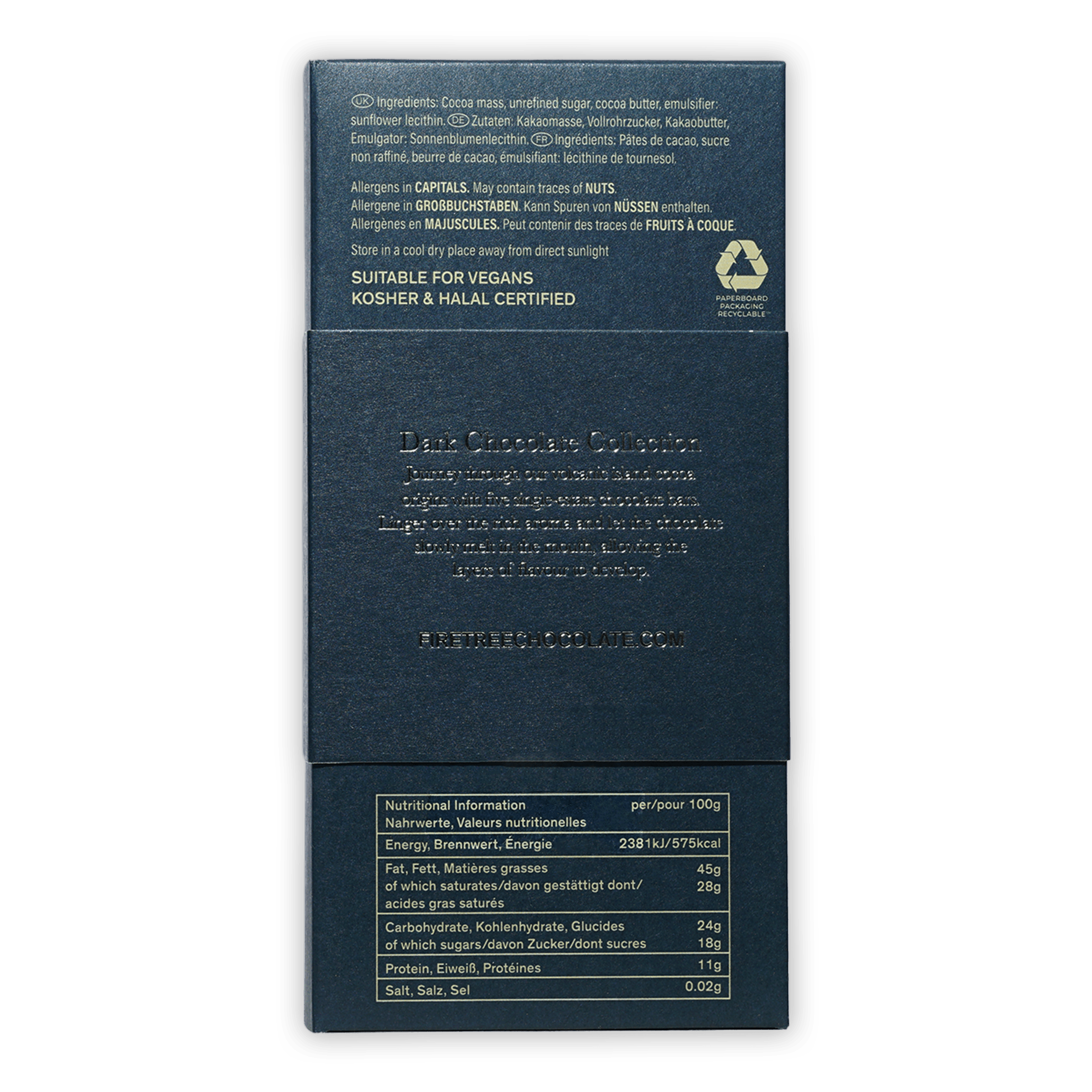 Firetree Dark Chocolate back wrapper, matte blue with embossed text