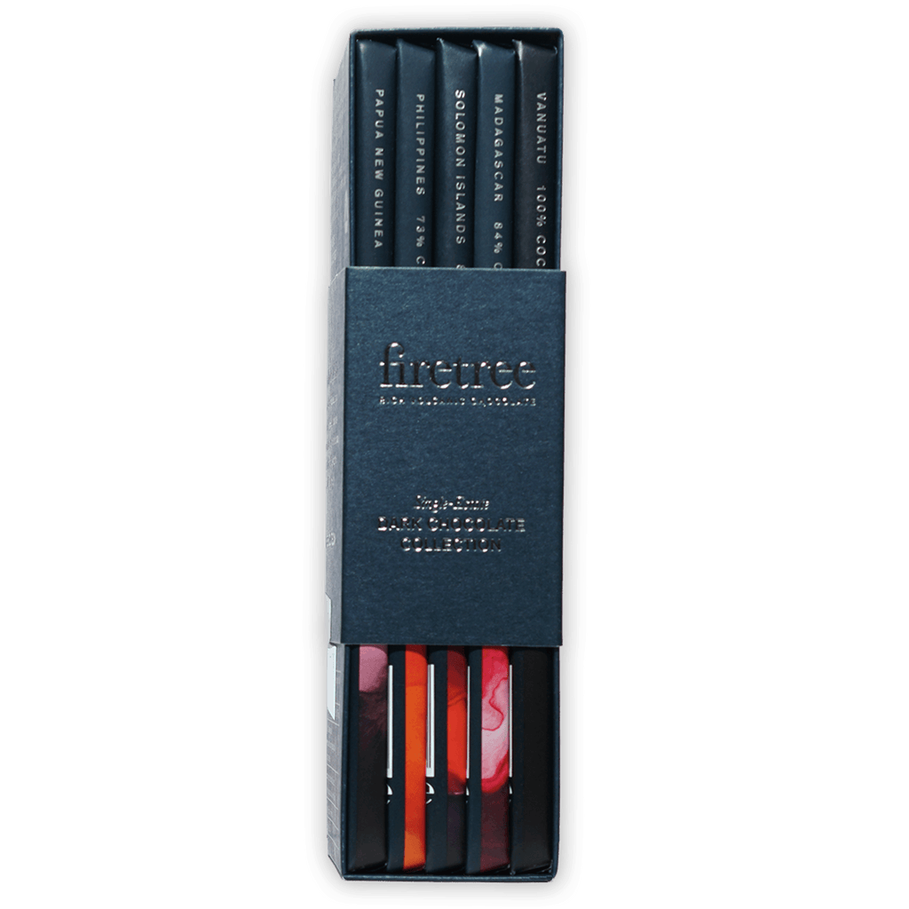 Firetree Dark Chocolate Gift Collection: 5 origin-labeled bars in navy box