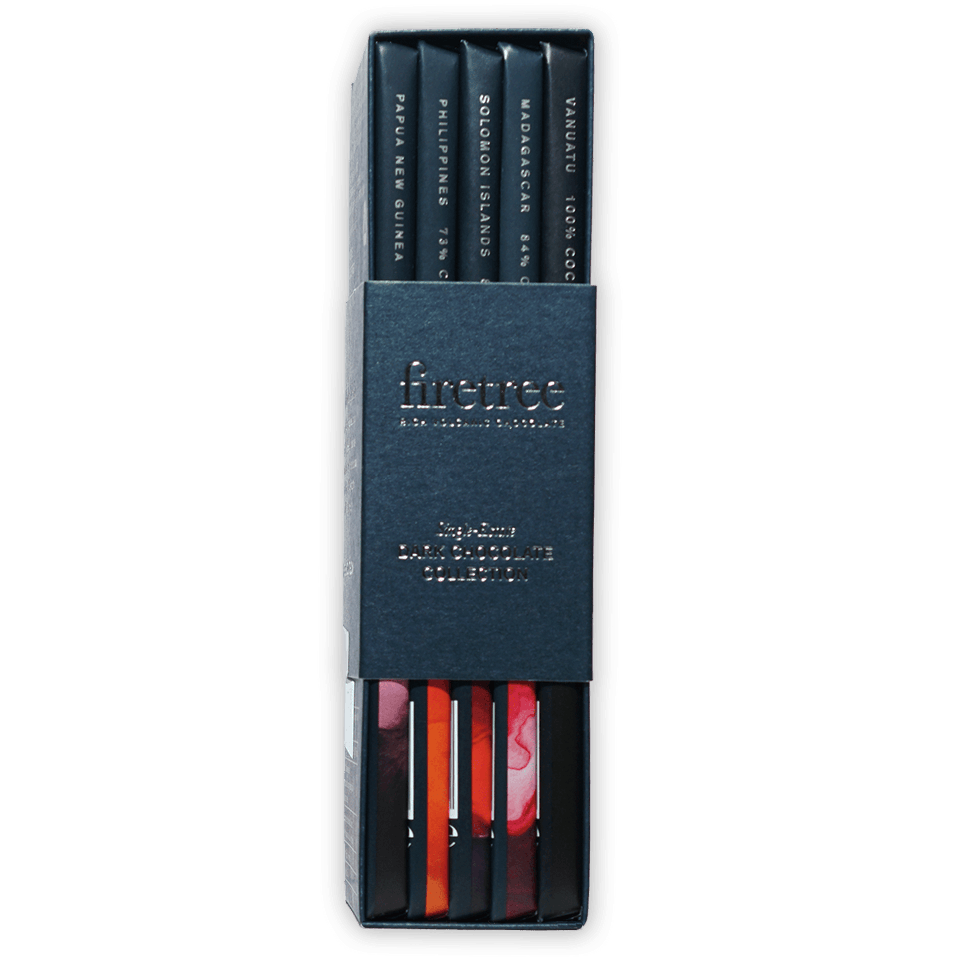 Firetree Dark Chocolate Gift Collection: 5 origin-labeled bars in navy box