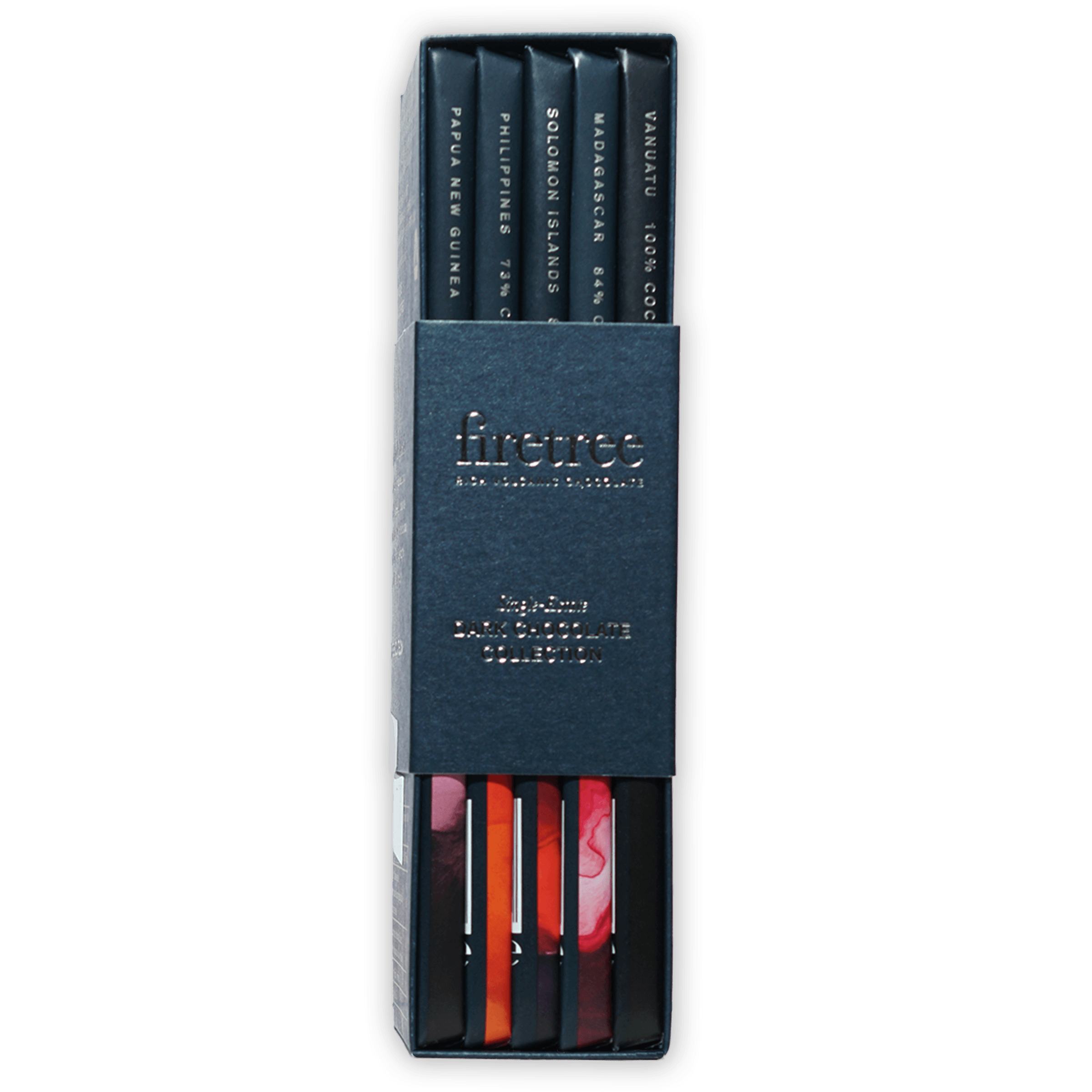 Firetree Dark Chocolate Gift Collection: 5 origin-labeled bars in navy box